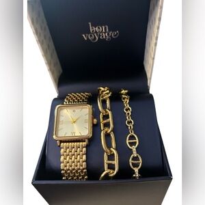 Gift Set Iconic Rectangular Watch Dial with Gold Tone Wrist Band & 2 Bra…